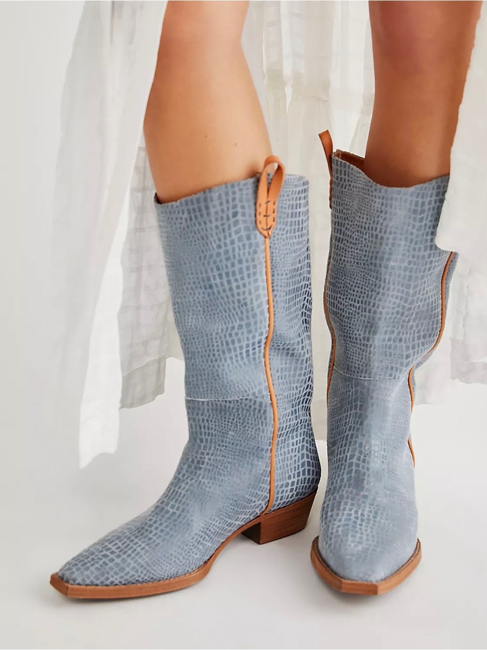 NWOT We The Free Sky Blue Croc-Embossed Mid-Calf Heeled Boots with Tan Trim